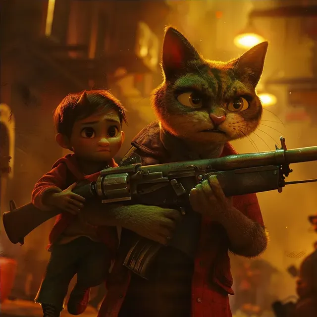 Pixar-Style Cat Threatening Child with Machine Guns