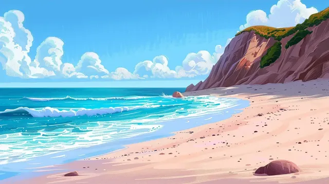 Pixar-style Empty Beach in California