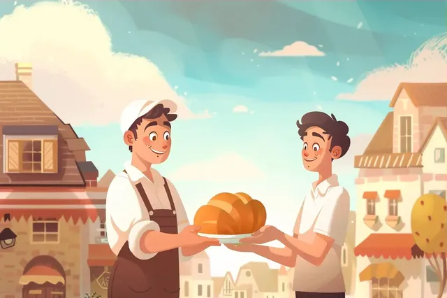 Pixar-style Illustration of Baker Giving Bread to Builder