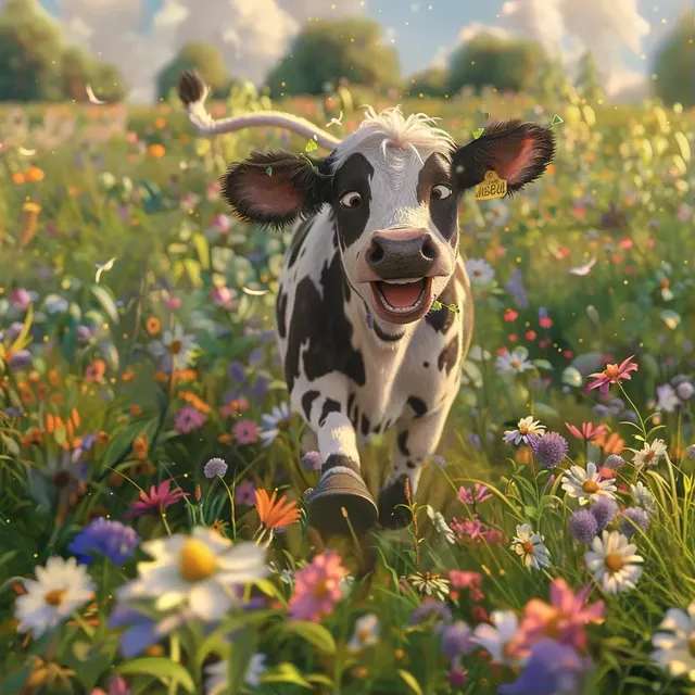 Pixar Cow Running Through Flower Field