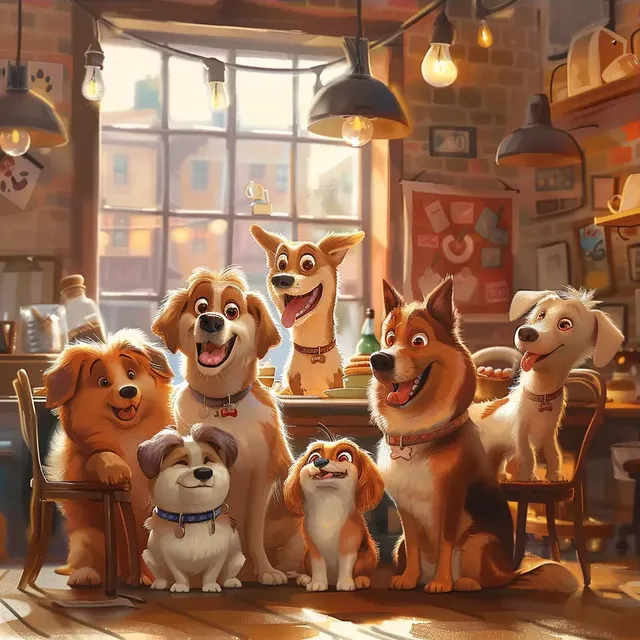 Pixar Style Dog Coffee Shop Gathering