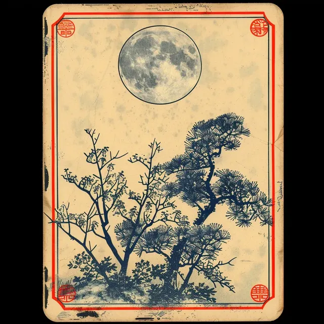 Playing Card Back with Showa Pop Music and Moon Motif