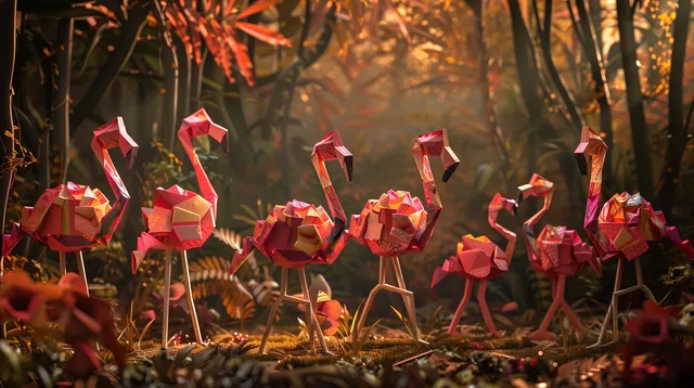 Psychedelic Origami Flamingos in an Avant-Garde Forest