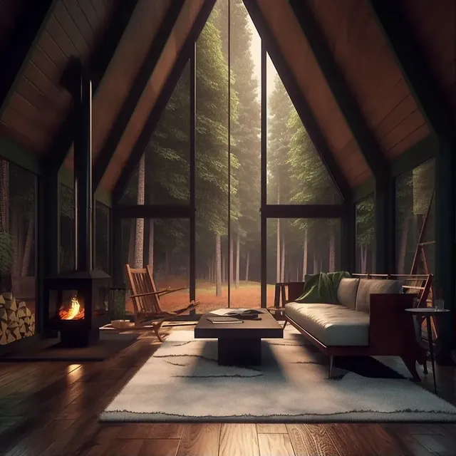 Rainy Day Comfort A-Frame Interior with Fireplace