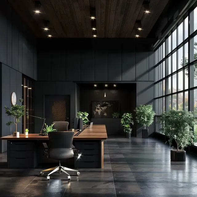 Realistic Office Black and Wood with Natural Light