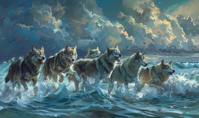 Realistic Oil Painting of Wolves in the Ocean