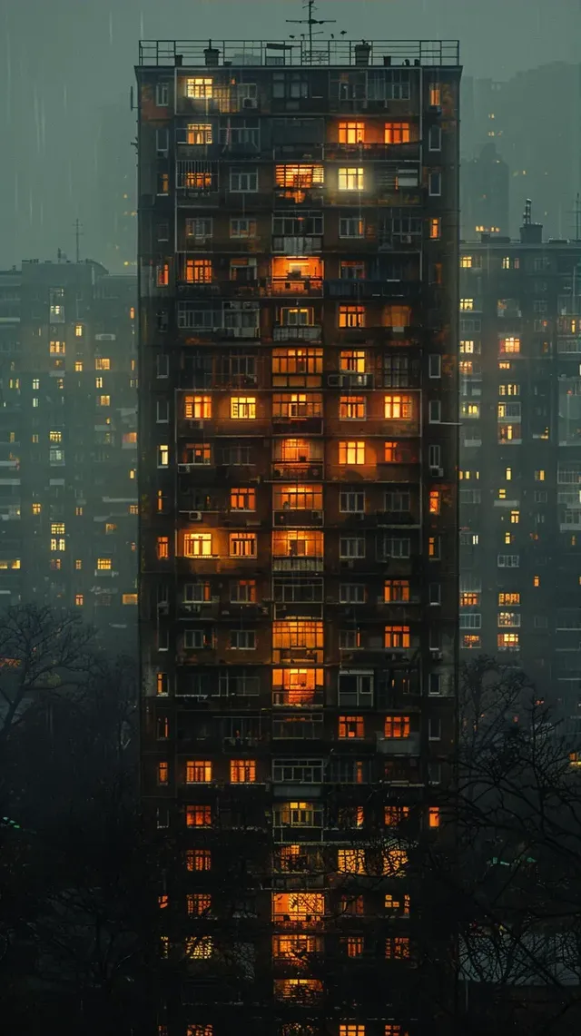 Realistic Painting of Soviet Block Building at Night