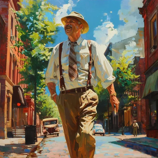 Rockwell-style Happy Man on Sunny Street