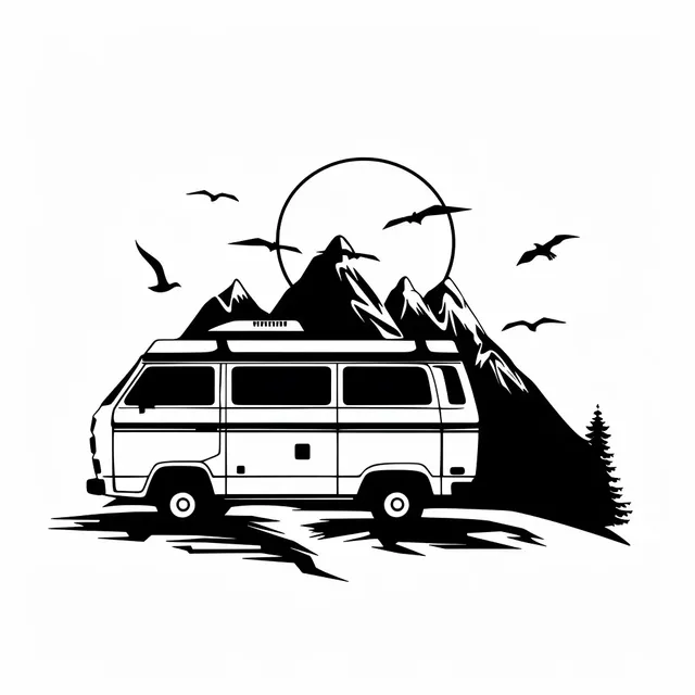 Simple Camper Van Logo with Mountains