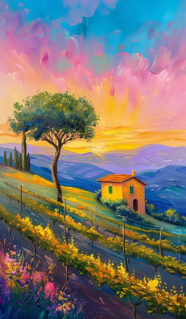 Singer Sargent-Inspired Italian Landscape Sunset Over Vineyards