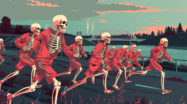 Skeletons in Adidas Track Suits Running by Stadium