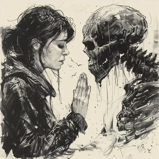 Sketch of Woman Praying to Grim Reaper