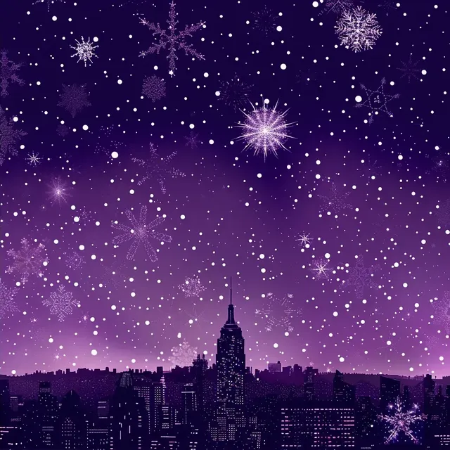 Starry Night Sky with Snowflakes and City Silhouette