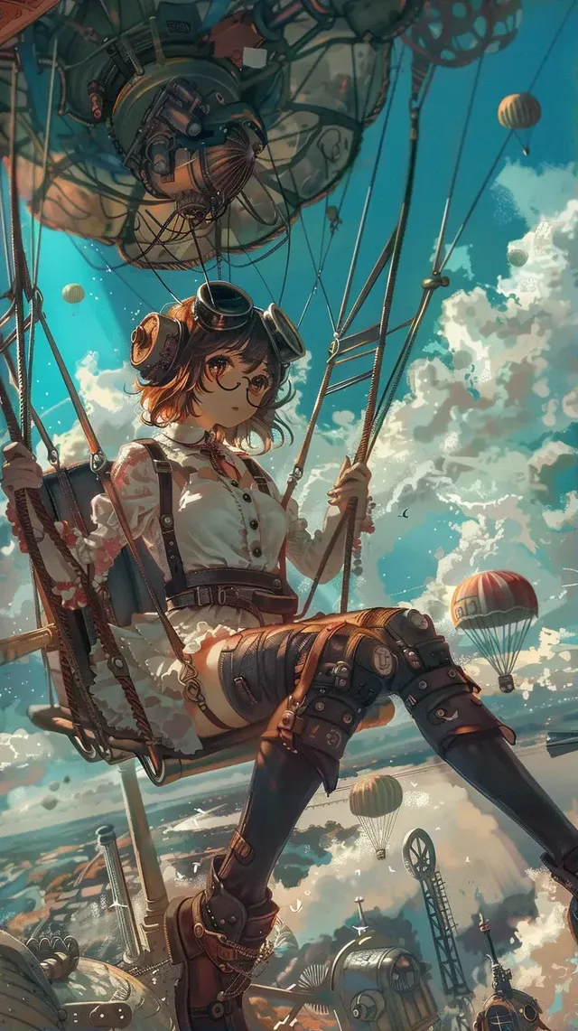 Steampunk Girl Parachute Drop in Osamu Tezuka Style