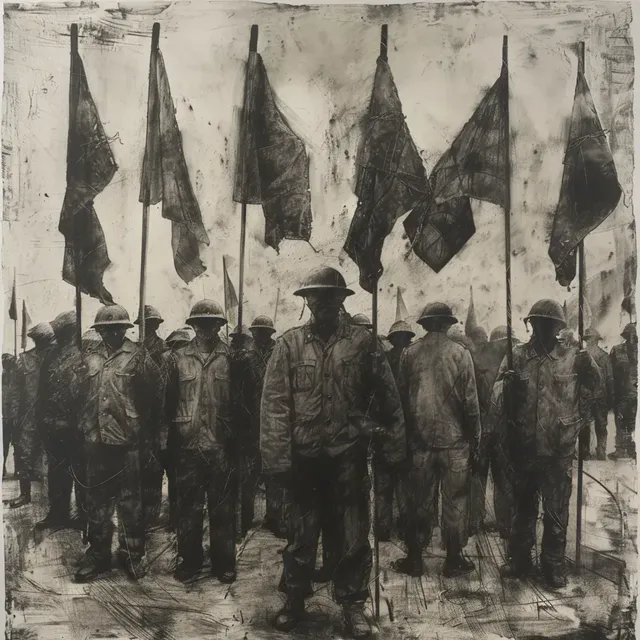 Stylistic Charcoal Art of Soldiers Holding Flags