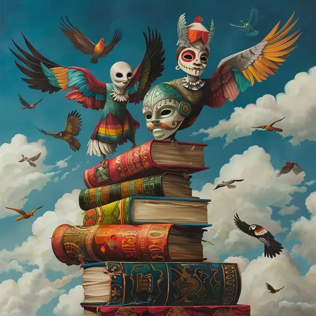 Surreal Painting Masked Characters Soar on Books