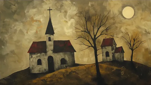 Surrealist Church and House Scene