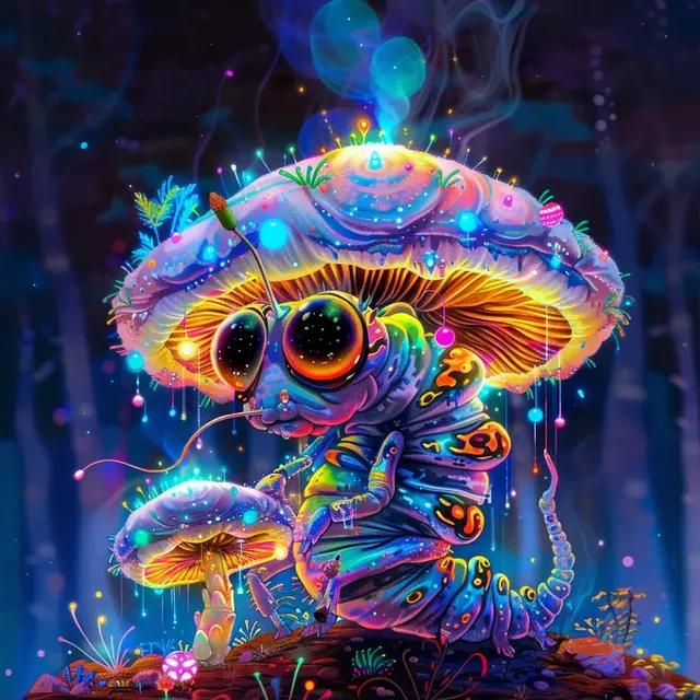 Trippy Caterpillar on Neon Mushroom