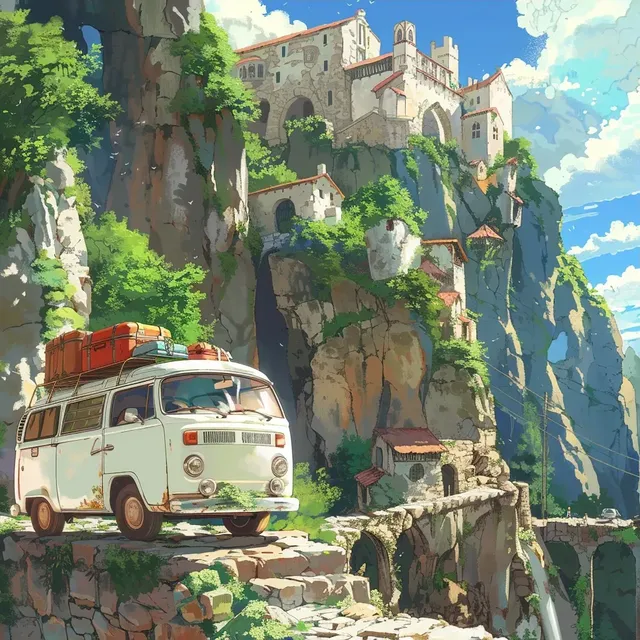 Van and Medieval Village in Anime Style