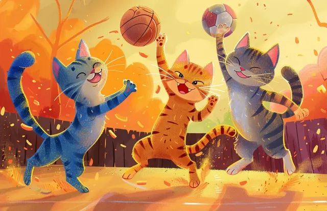 Vivid Cartoon Cats Enjoying Sports