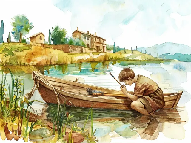 Watercolor Illustration Boy Drawing a Boat in Ancient Times