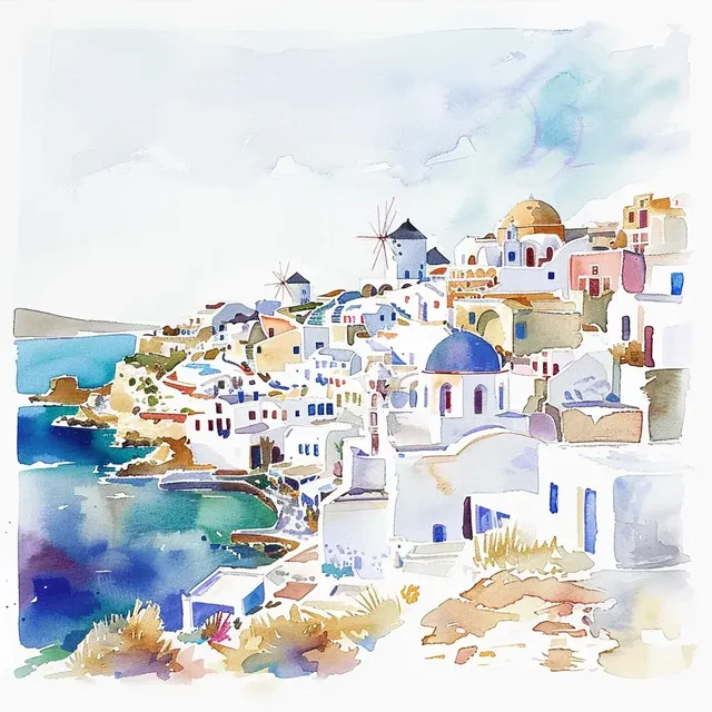 Watercolor of Mykonos with White Background