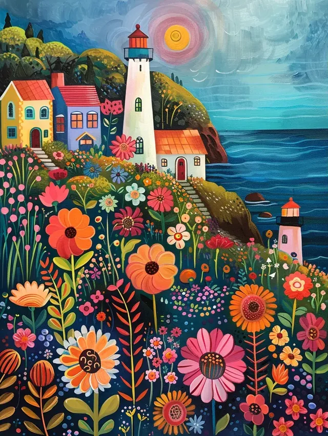 Whimsical Seaside Naïve Painting