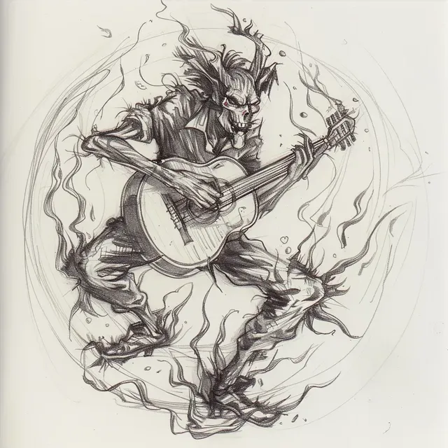 WWII Nose Art Style Sketch of Devil Playing Banjo